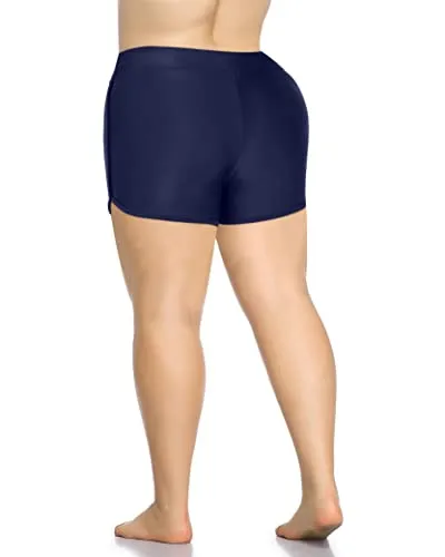 Women's High Waisted Tummy Control Plus Size Swim Shorts-Navy Blue