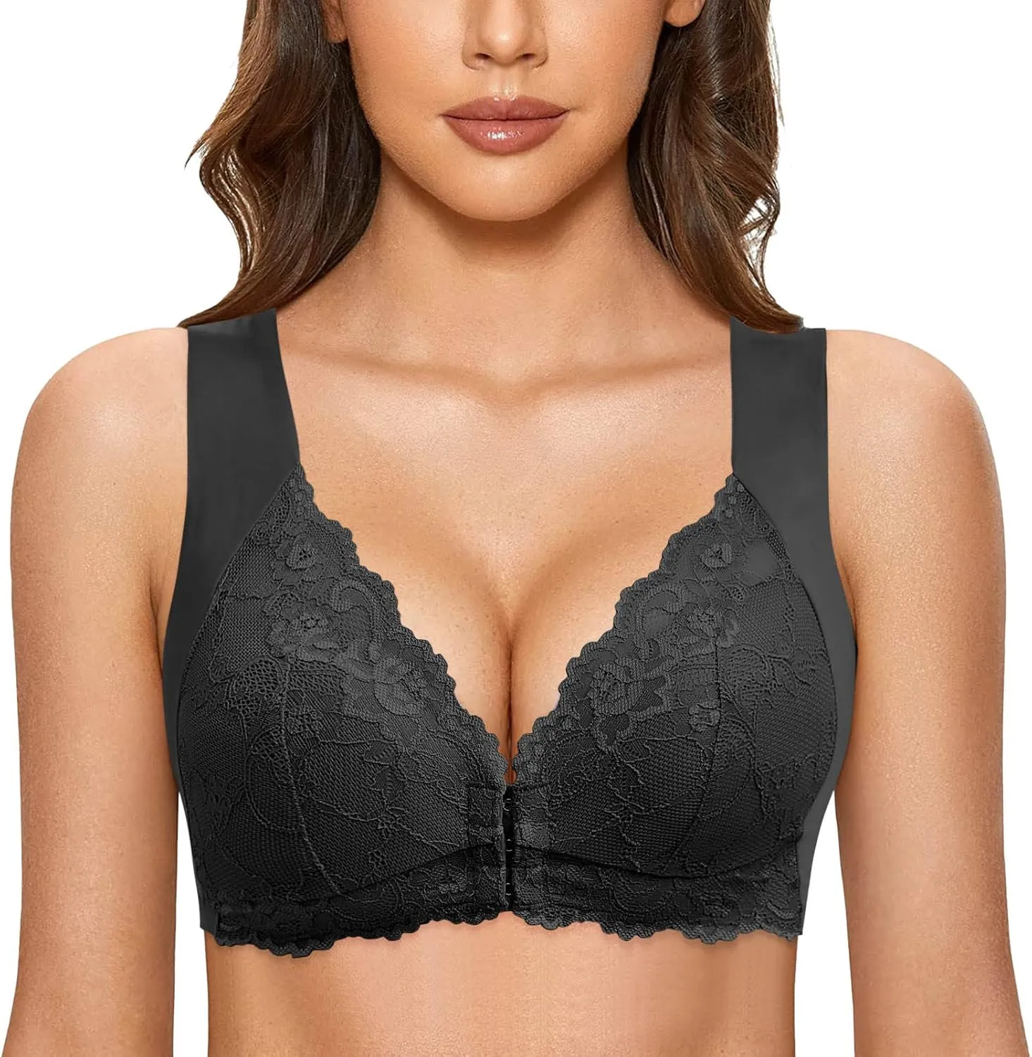 Womens Lace Seamless Bras Push Up Front Closure Stretchy Bra Beauty Back Wireless V Neck Everyday Comfy Underwear
