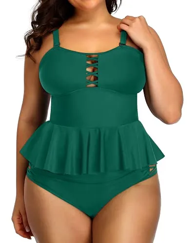 Women's Lace Up Plus Size Tummy Control Swimsuit-Emerald Green