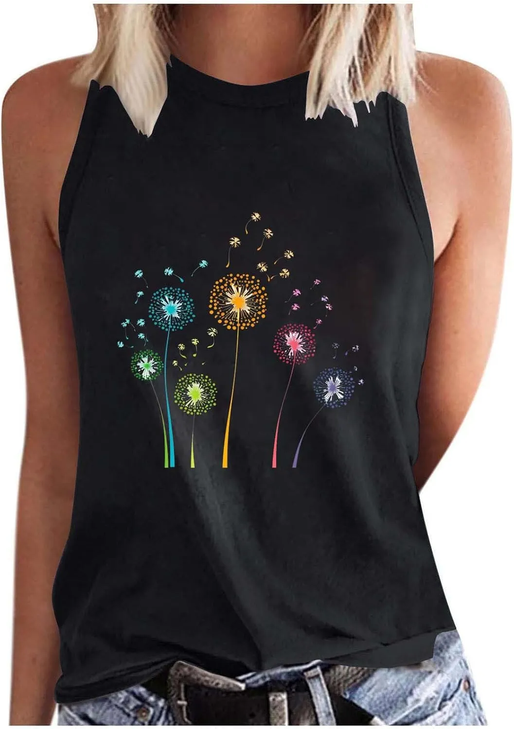 Womens Loose Casual Flowy Tank Tops Trendy Sleeveless Printed Solid Color Crewneck Outfits 2025 Vacation Summer Tank