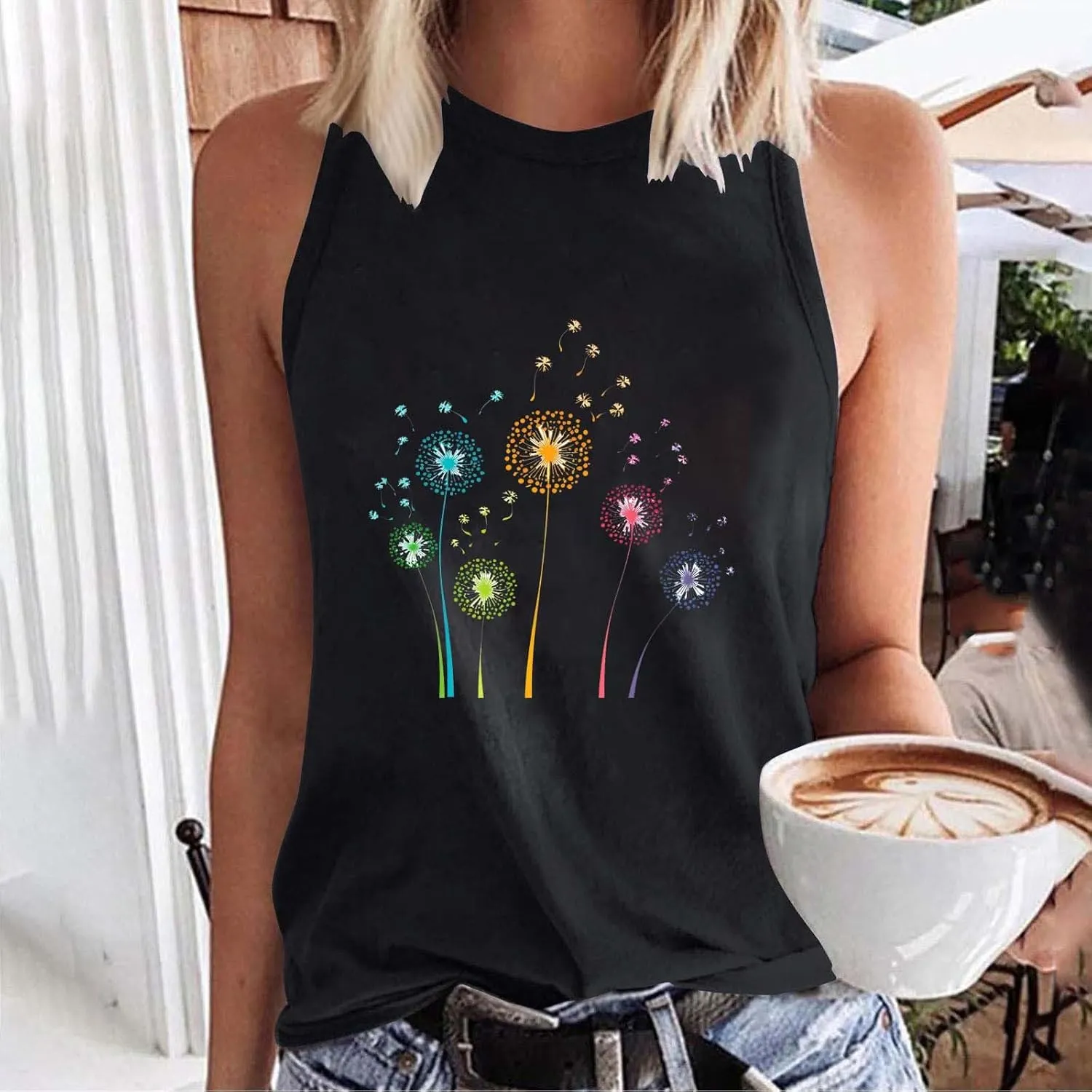 Womens Loose Casual Flowy Tank Tops Trendy Sleeveless Printed Solid Color Crewneck Outfits 2025 Vacation Summer Tank