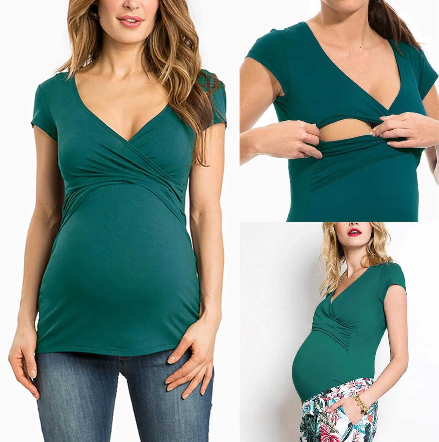 Women's Maternity Shirts Short Sleeve Pregnancy Tops Summer Blouses Casual Wrap V-Neck Ruched Pregnant Tunic Tee