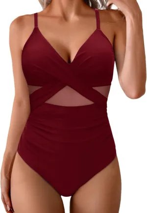 Women's Mesh One Piece Swimsuit Twist Front Tummy Control Swimwear Push Up Slimming Adjustable Straps Bathing Suits