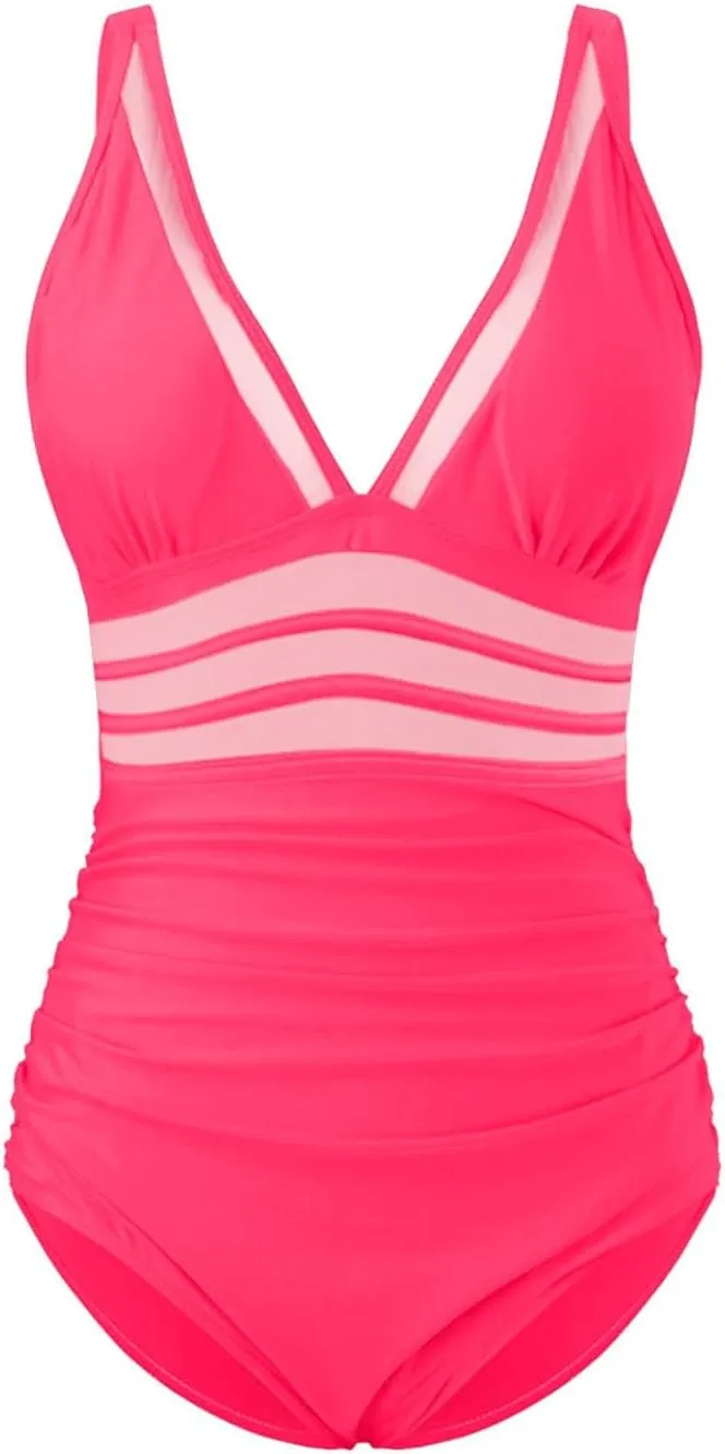 Women's Mesh One Piece Swimsuits Sexy Tummy Control Modest Bathing Suits V Neck Push Up Slimming Swimwear