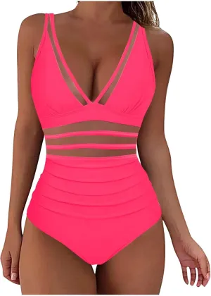 Women's Mesh One Piece Swimsuits Sexy Tummy Control Modest Bathing Suits V Neck Push Up Slimming Swimwear