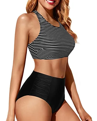 Women's Mixed And Matching Styles For Juniors Sports Swimsuits-Black And White Stripe