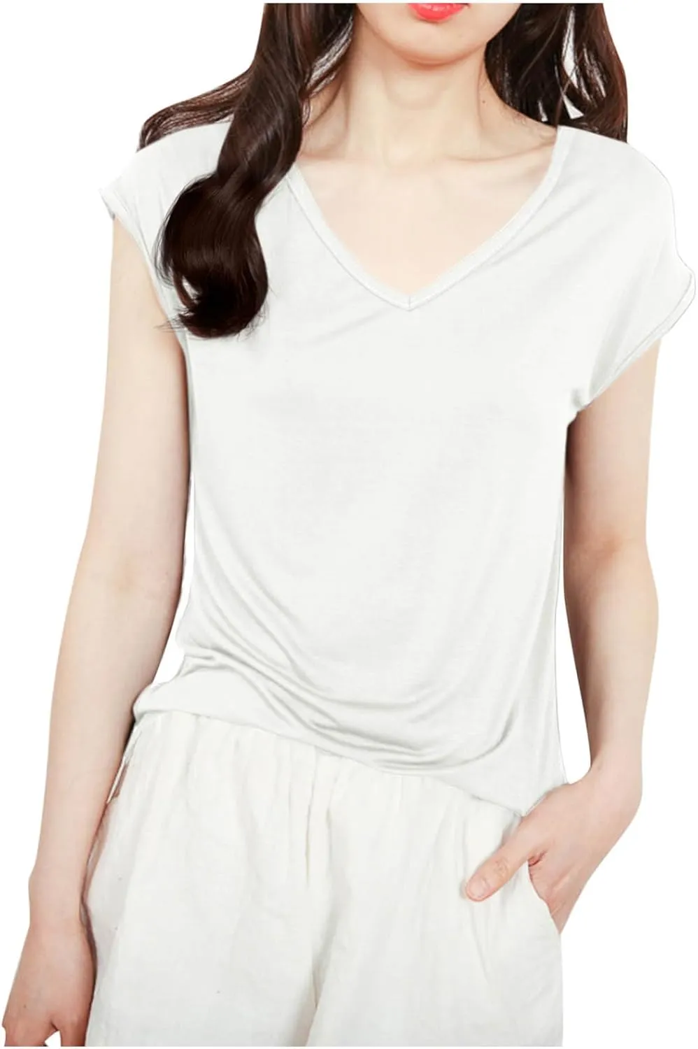 Womens Modal Tops Cap Sleeve V Neck T Shirt Ruched Slim Fit Basic Tees Lightweight Casual Summer Sleep Lounge Shirt