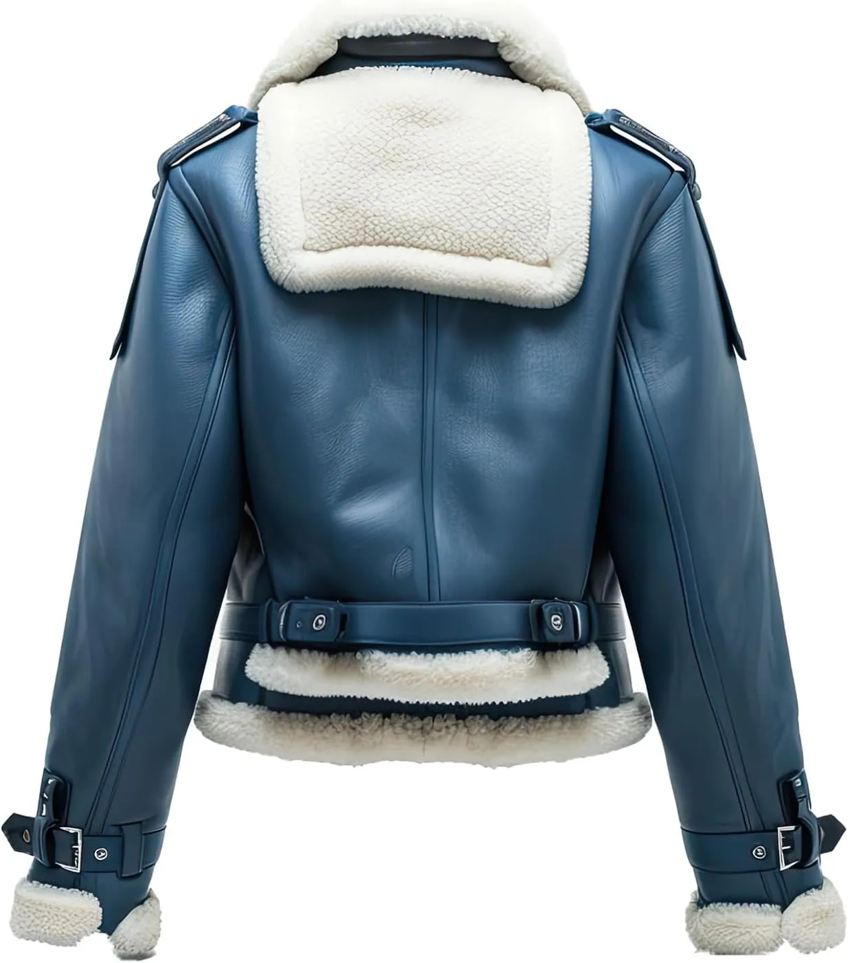 Women's Navy Blue Genuine Sheepskin Leather Moto Jacket with Faux Fur Sherpa Collar, Smooth Crossover Biker Style