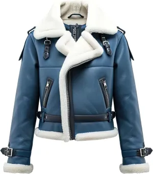 Women's Navy Blue Genuine Sheepskin Leather Moto Jacket with Faux Fur Sherpa Collar, Smooth Crossover Biker Style