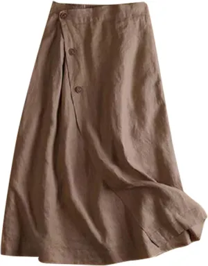 Women's New Casual A Line Dress Summer Cotton and Linen Medium Length Elastic Waist Large Swing Skirts for Women