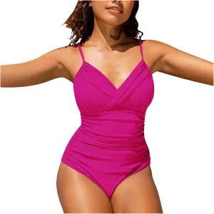 Women's One Piece Ruched Swimwear Spaghetti Strap Swimsuits Tummy Control Backless Beach Bathing Suits