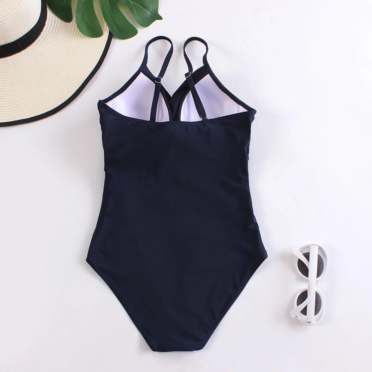 Women's One Piece Ruched Swimwear Spaghetti Strap Swimsuits Tummy Control Backless Beach Bathing Suits