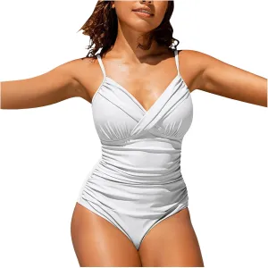 Women's One Piece Ruched Swimwear Spaghetti Strap Swimsuits Tummy Control Backless Beach Bathing Suits