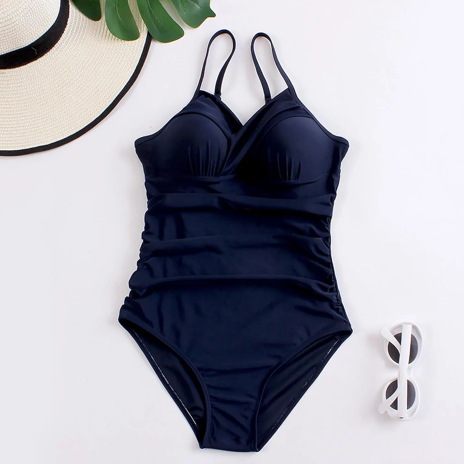 Women's One Piece Ruched Swimwear Spaghetti Strap Swimsuits Tummy Control Backless Beach Bathing Suits