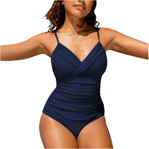 Women's One Piece Ruched Swimwear Spaghetti Strap Swimsuits Tummy Control Backless Beach Bathing Suits