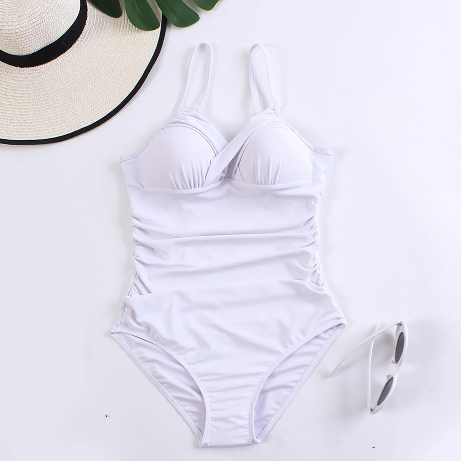 Women's One Piece Ruched Swimwear Spaghetti Strap Swimsuits Tummy Control Backless Beach Bathing Suits