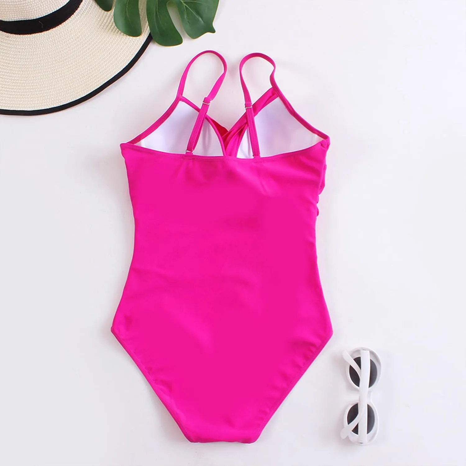 Women's One Piece Ruched Swimwear Spaghetti Strap Swimsuits Tummy Control Backless Beach Bathing Suits