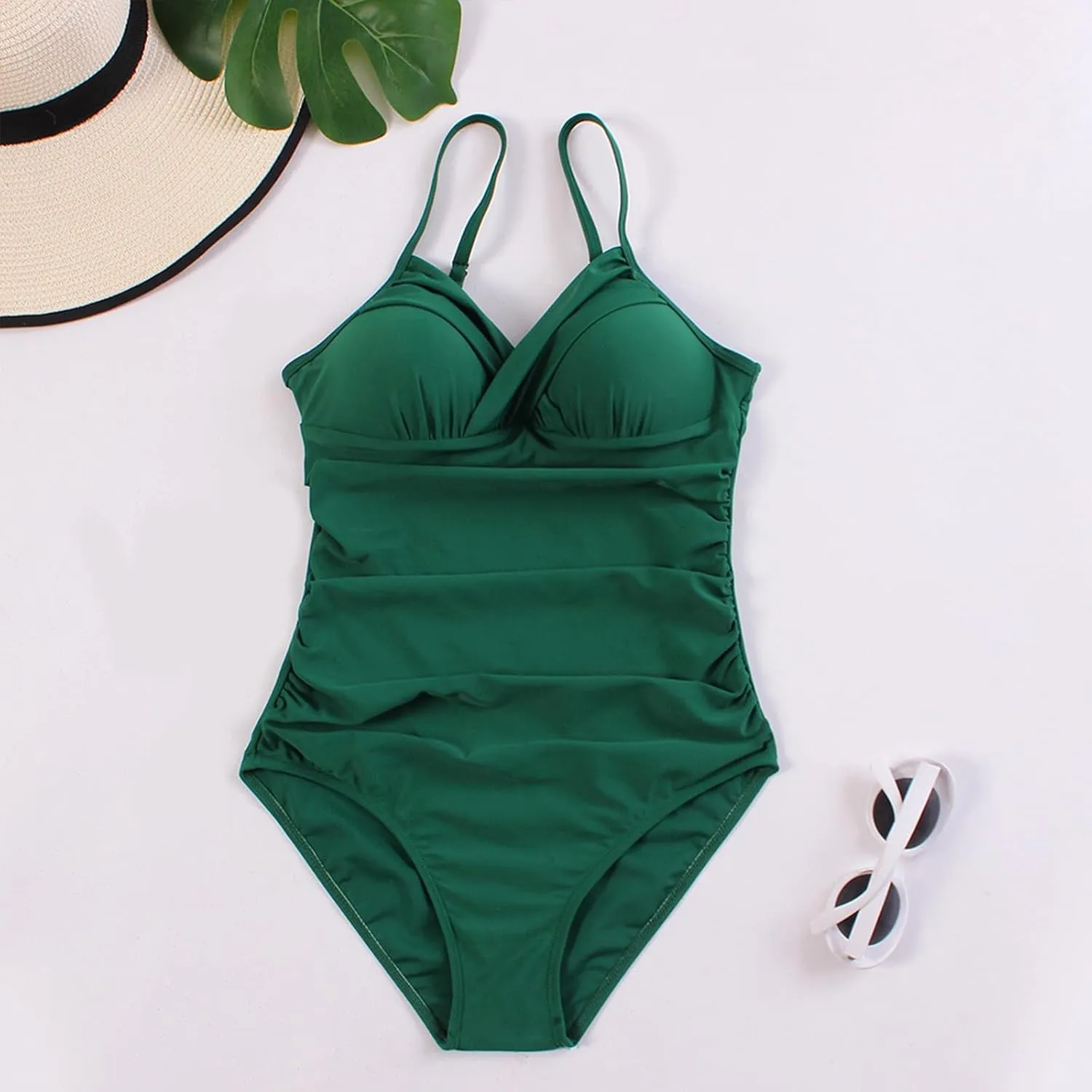 Women's One Piece Ruched Swimwear Spaghetti Strap Swimsuits Tummy Control Backless Beach Bathing Suits
