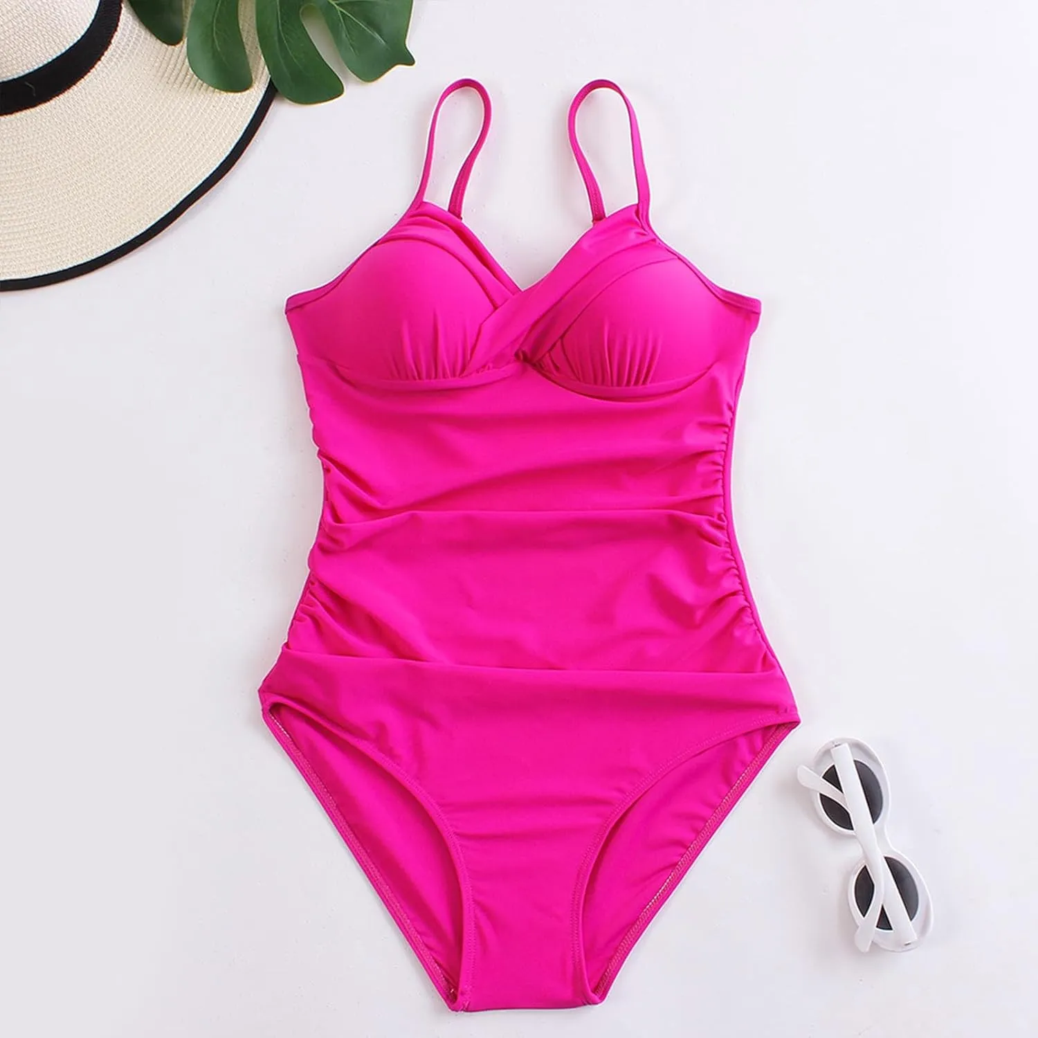 Women's One Piece Ruched Swimwear Spaghetti Strap Swimsuits Tummy Control Backless Beach Bathing Suits