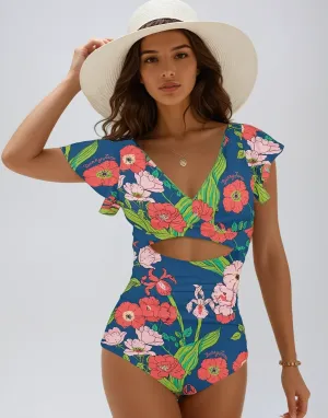 Women's One Piece Ruffle Sleeves Keyhole Swimsuit, Seychelles Floral Remix