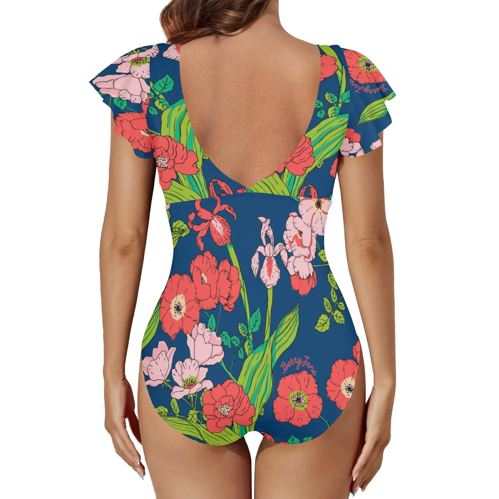 Women's One Piece Ruffle Sleeves Keyhole Swimsuit, Seychelles Floral Remix