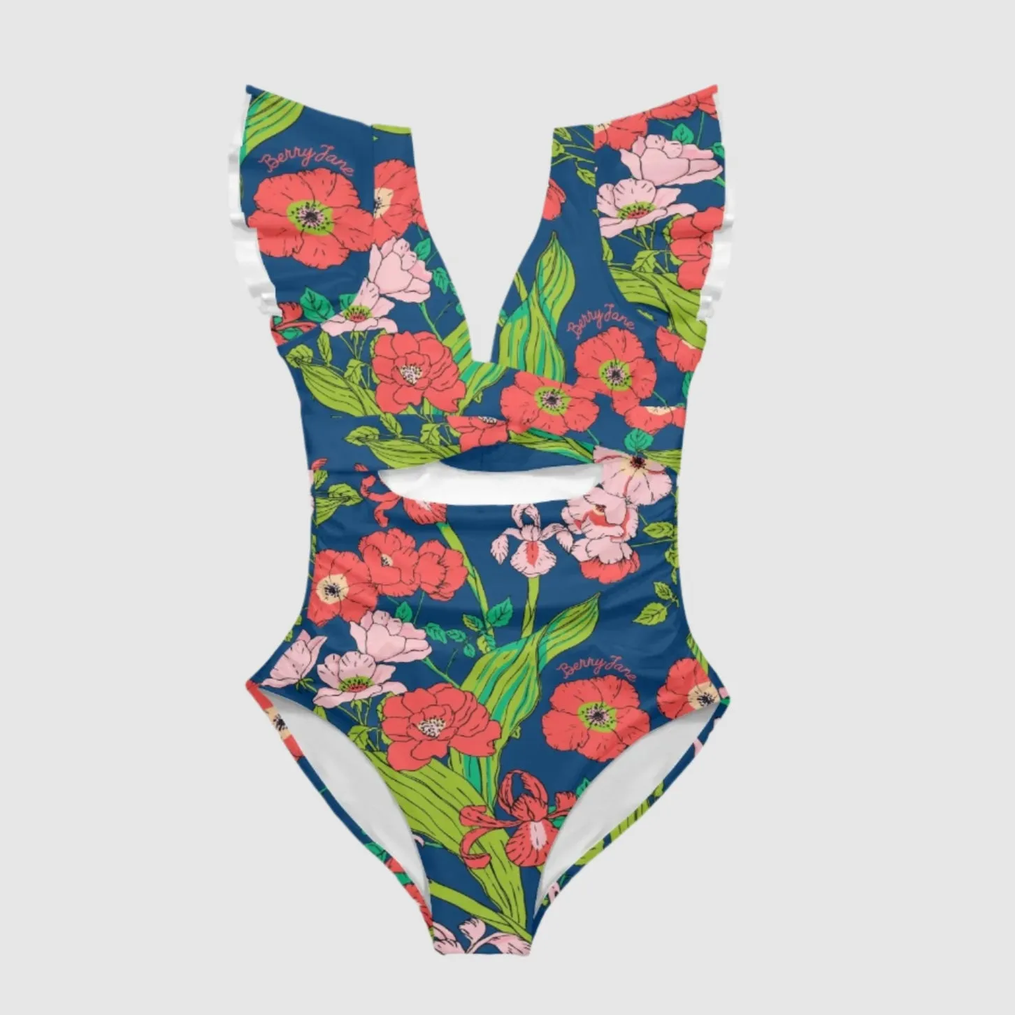 Women's One Piece Ruffle Sleeves Keyhole Swimsuit, Seychelles Floral Remix
