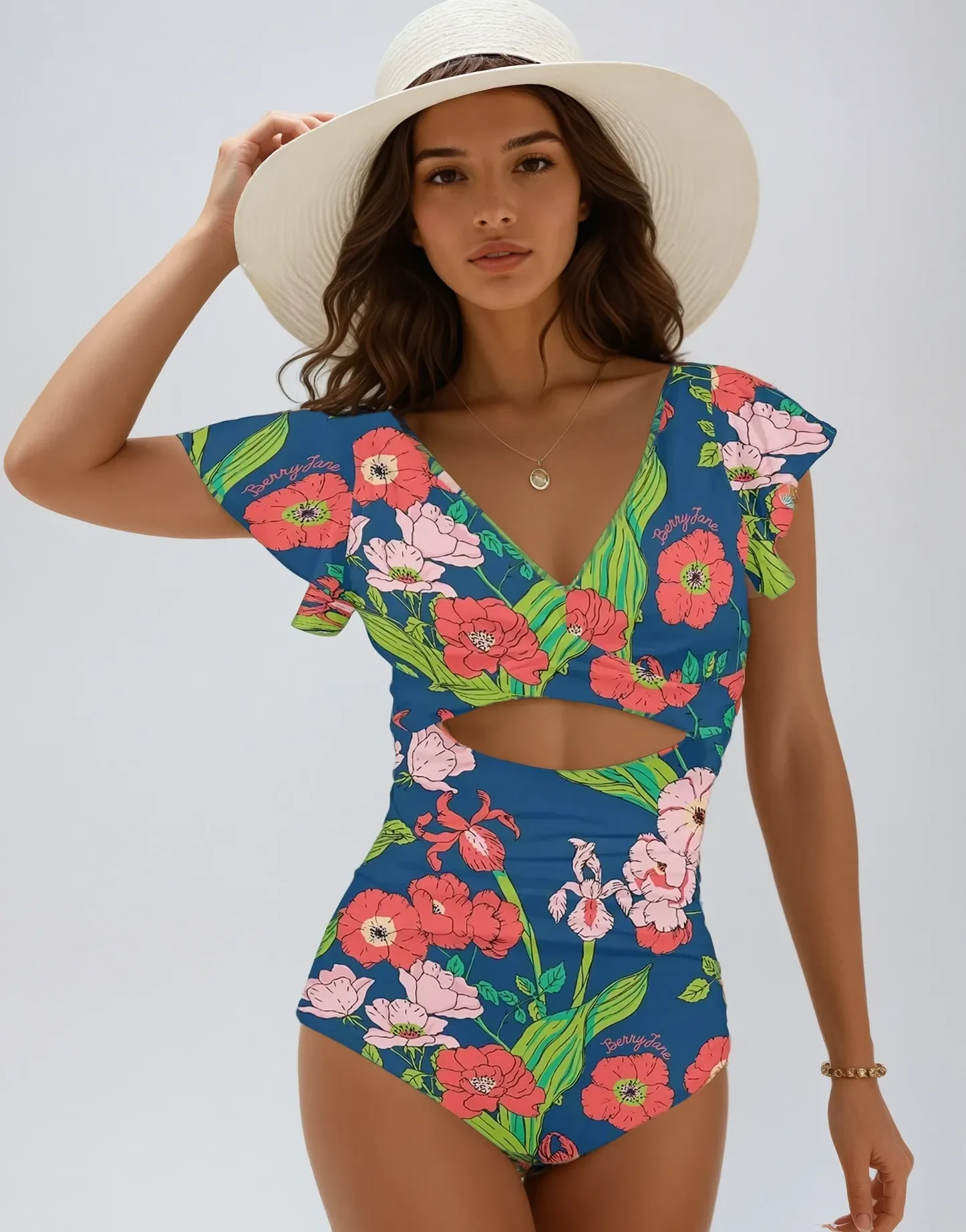 Women's One Piece Ruffle Sleeves Keyhole Swimsuit, Seychelles Floral Remix