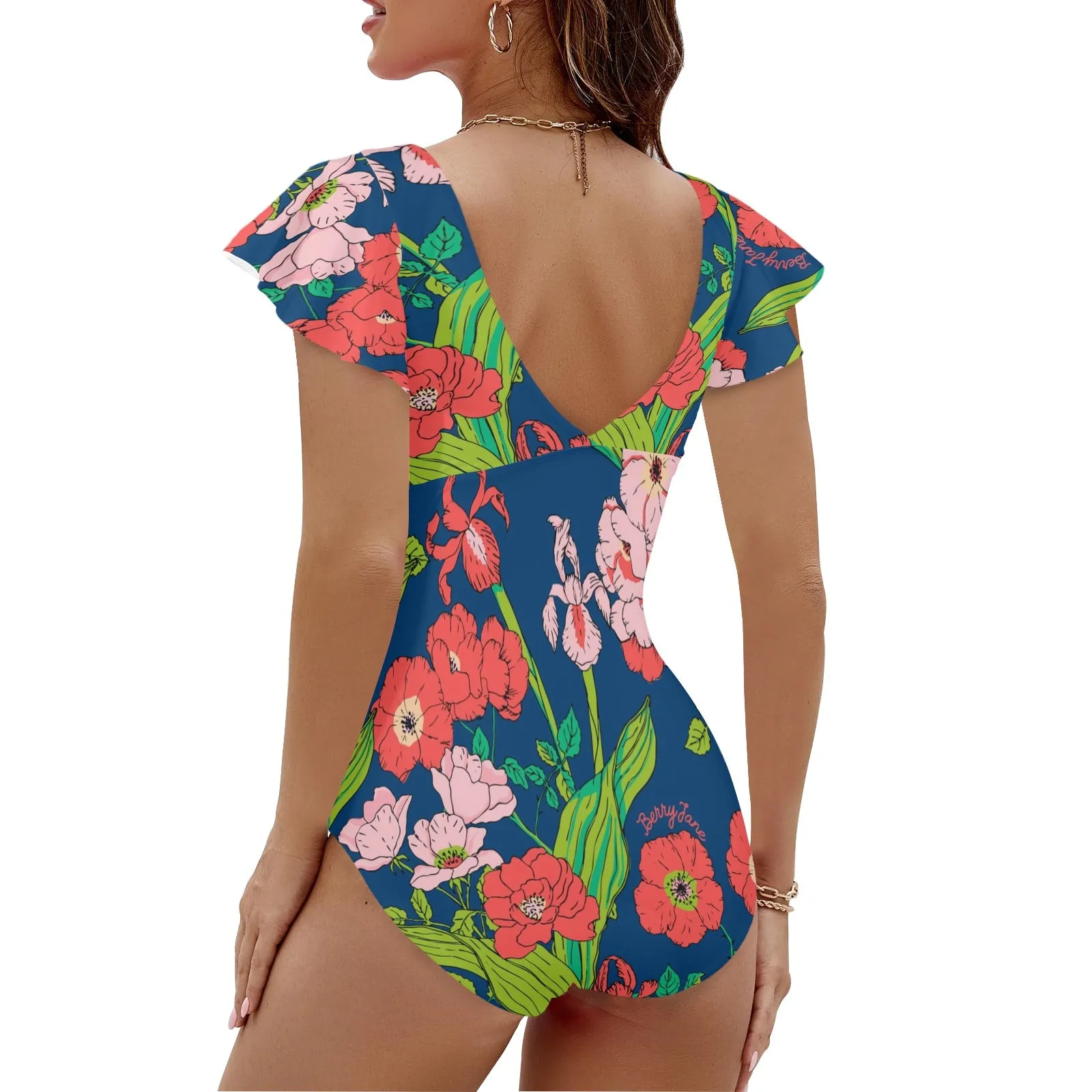 Women's One Piece Ruffle Sleeves Keyhole Swimsuit, Seychelles Floral Remix