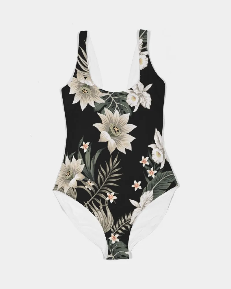 Women's One-Piece Swimsuit, Black Hawaiian Lily