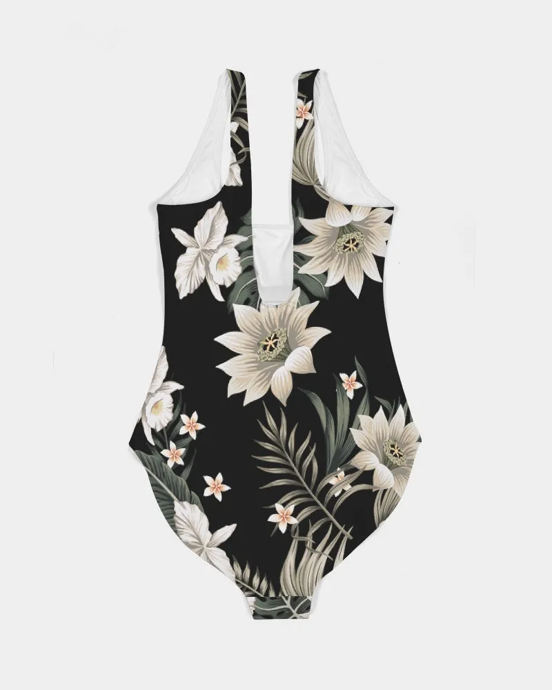 Women's One-Piece Swimsuit, Black Hawaiian Lily