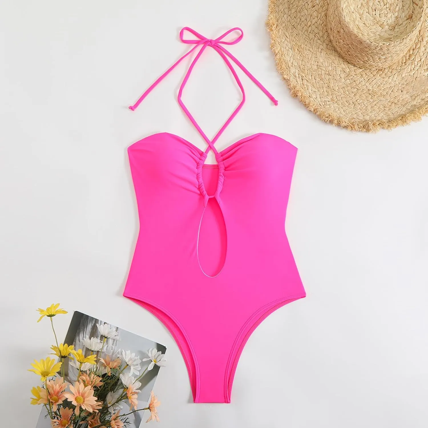 Women's One Piece Swimsuit Halter Neck Cut Out Monokini Sexy Backless Triangle Swimwear Tummy Control Bathing Suit