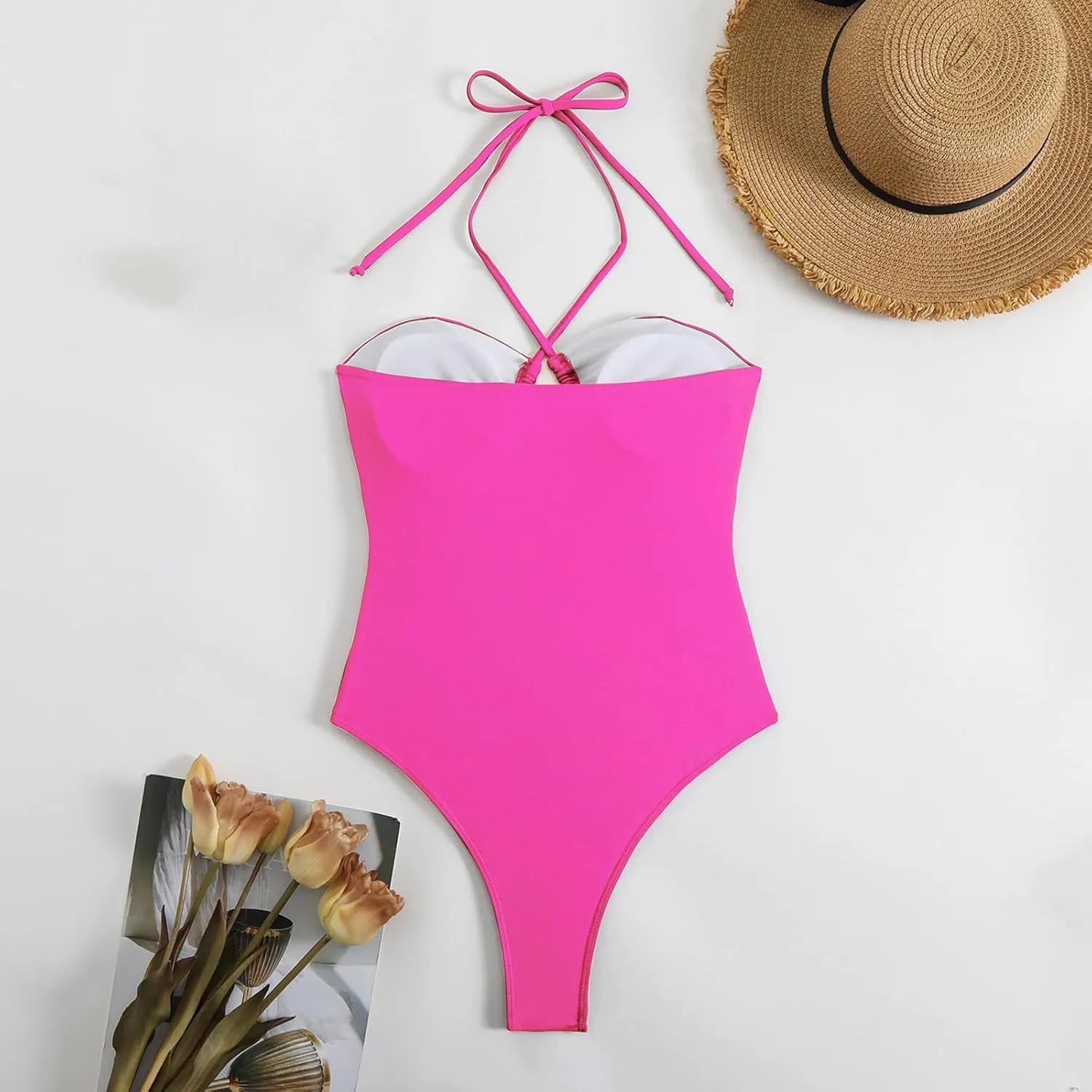 Women's One Piece Swimsuit Halter Neck Cut Out Monokini Sexy Backless Triangle Swimwear Tummy Control Bathing Suit