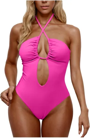Women's One Piece Swimsuit Halter Neck Cut Out Monokini Sexy Backless Triangle Swimwear Tummy Control Bathing Suit
