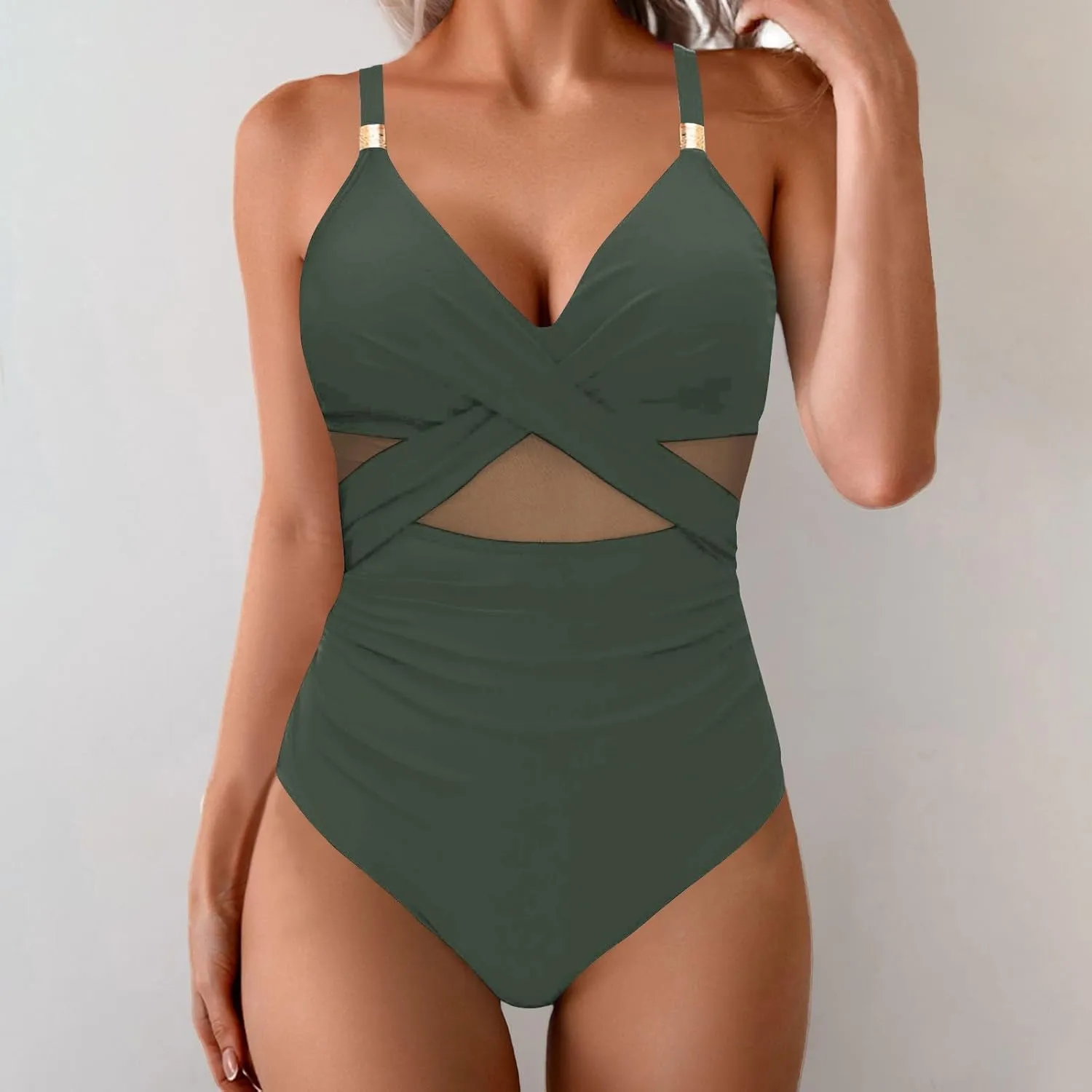 Womens One Piece Swimsuit Modest Tummy Control Bathing Suit Slimming Full Coverage Mesh V-Neck Strap Swim Suits