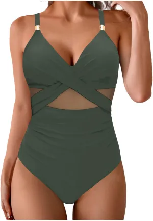 Womens One Piece Swimsuit Modest Tummy Control Bathing Suit Slimming Full Coverage Mesh V-Neck Strap Swim Suits