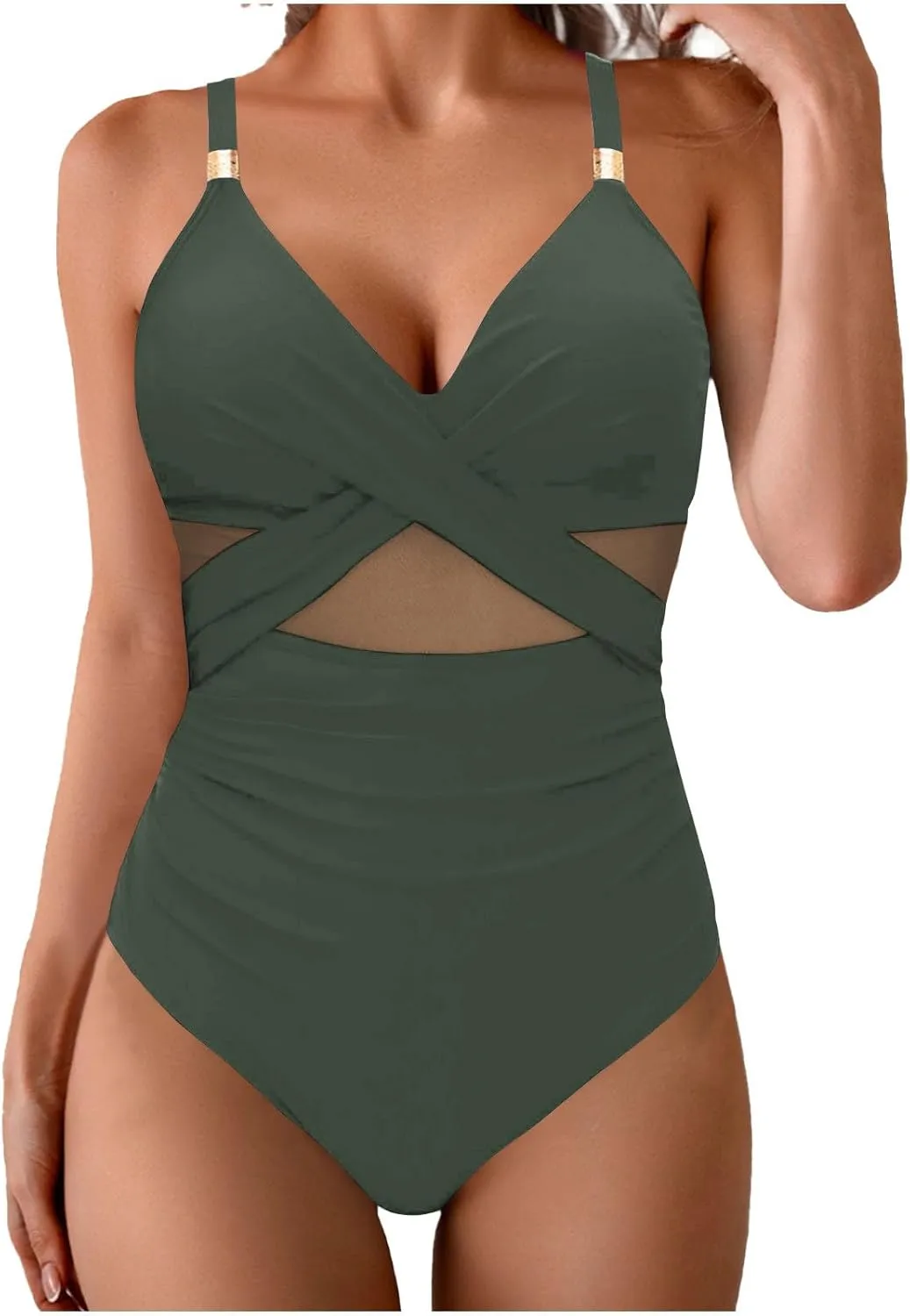 Womens One Piece Swimsuit Modest Tummy Control Bathing Suit Slimming Full Coverage Mesh V-Neck Strap Swim Suits