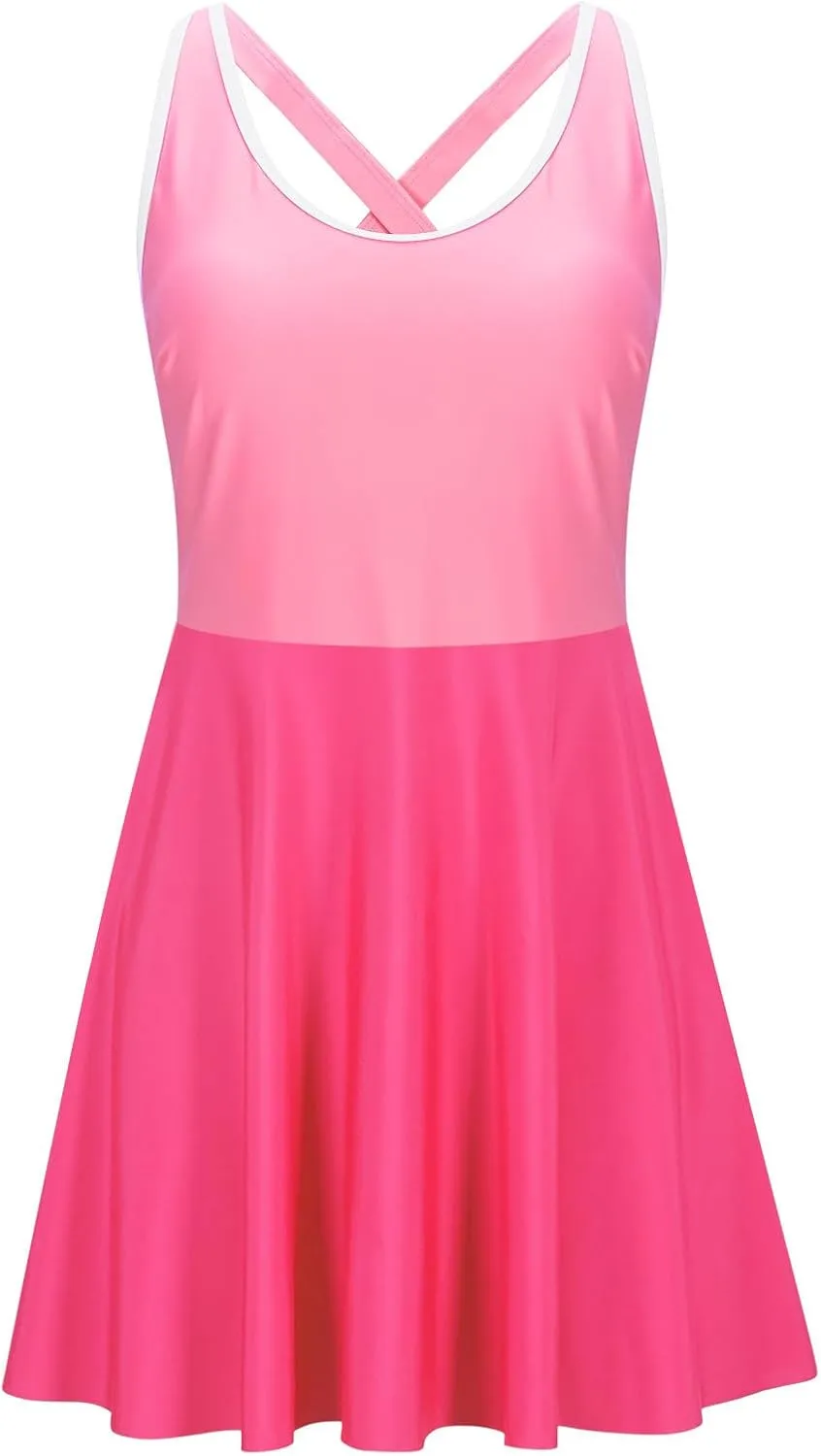 Womens One Piece Swimsuit Skirt Tummy Control Bathing Suit Color Block Swim Dress Swimwear with Pockets 2025 Summer