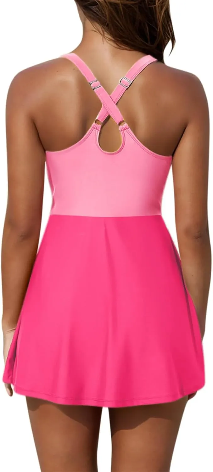 Womens One Piece Swimsuit Skirt Tummy Control Bathing Suit Color Block Swim Dress Swimwear with Pockets 2025 Summer
