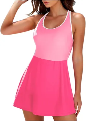 Womens One Piece Swimsuit Skirt Tummy Control Bathing Suit Color Block Swim Dress Swimwear with Pockets 2025 Summer