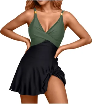 Womens One Piece Swimsuit Tummy Control Bathing Suit Criss Cross Swim Dress Slit Tie Sexy Backless Swimwear Skirt