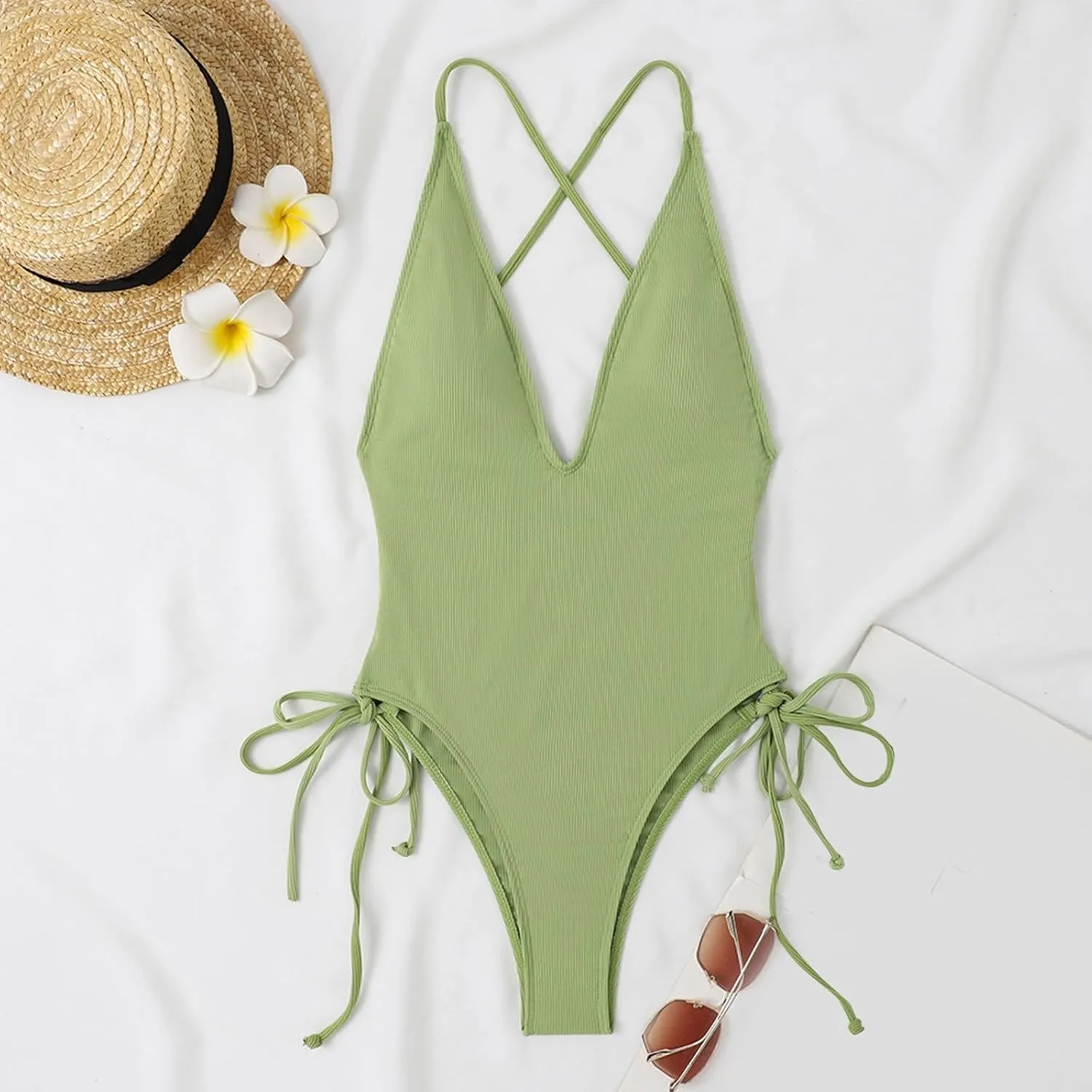 Women's One Piece Swimsuit Tummy Control Ruched Bathing Suit Deep V Neck Criss Cross Backless Swimwear 2025