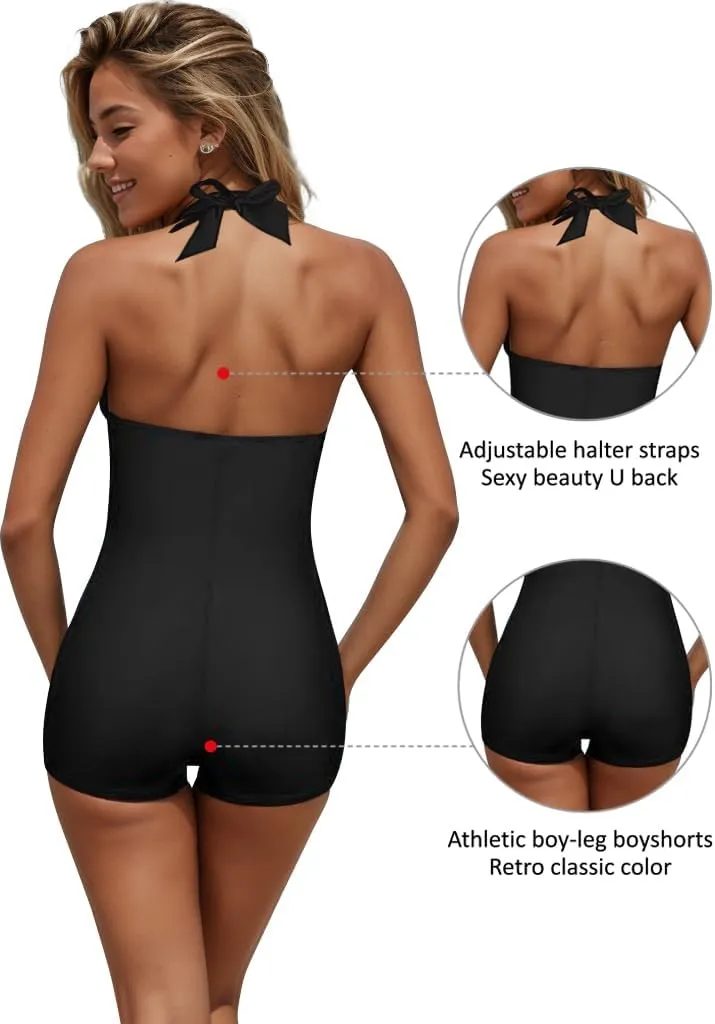 Women's One Piece Swimsuit Tummy Control Swimwear Halter Retro Swimwear Push up Vintage Swimsuit Bathing Suit
