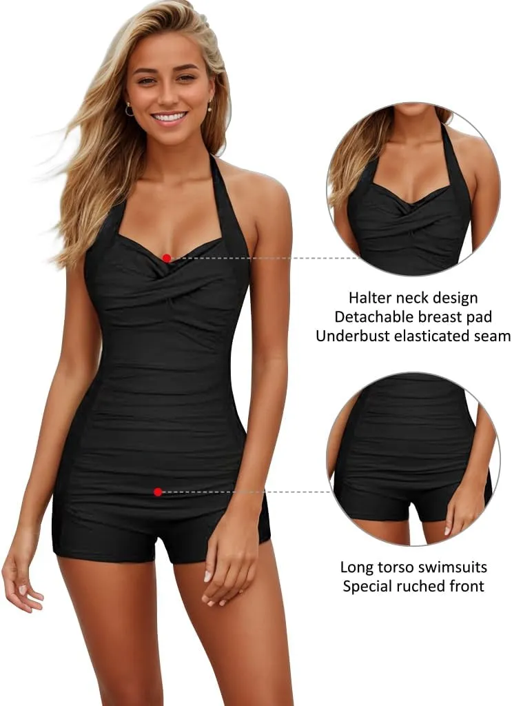 Women's One Piece Swimsuit Tummy Control Swimwear Halter Retro Swimwear Push up Vintage Swimsuit Bathing Suit