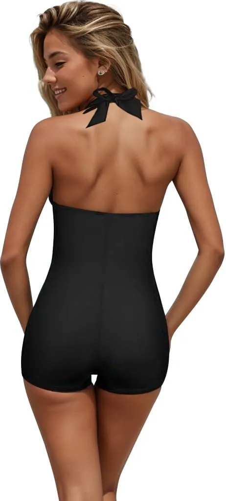 Women's One Piece Swimsuit Tummy Control Swimwear Halter Retro Swimwear Push up Vintage Swimsuit Bathing Suit