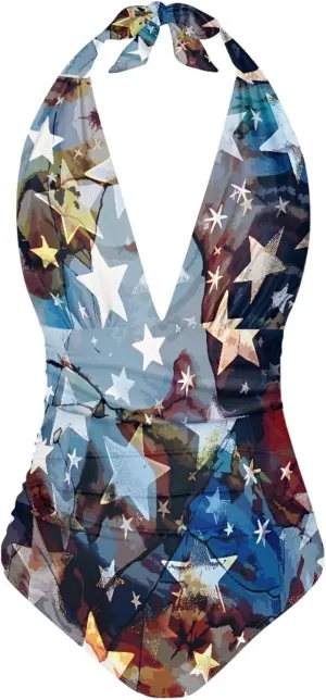 Women's One Piece Swimsuit V Neck Cross Back Swimwear Trendy Summer Beach Wear