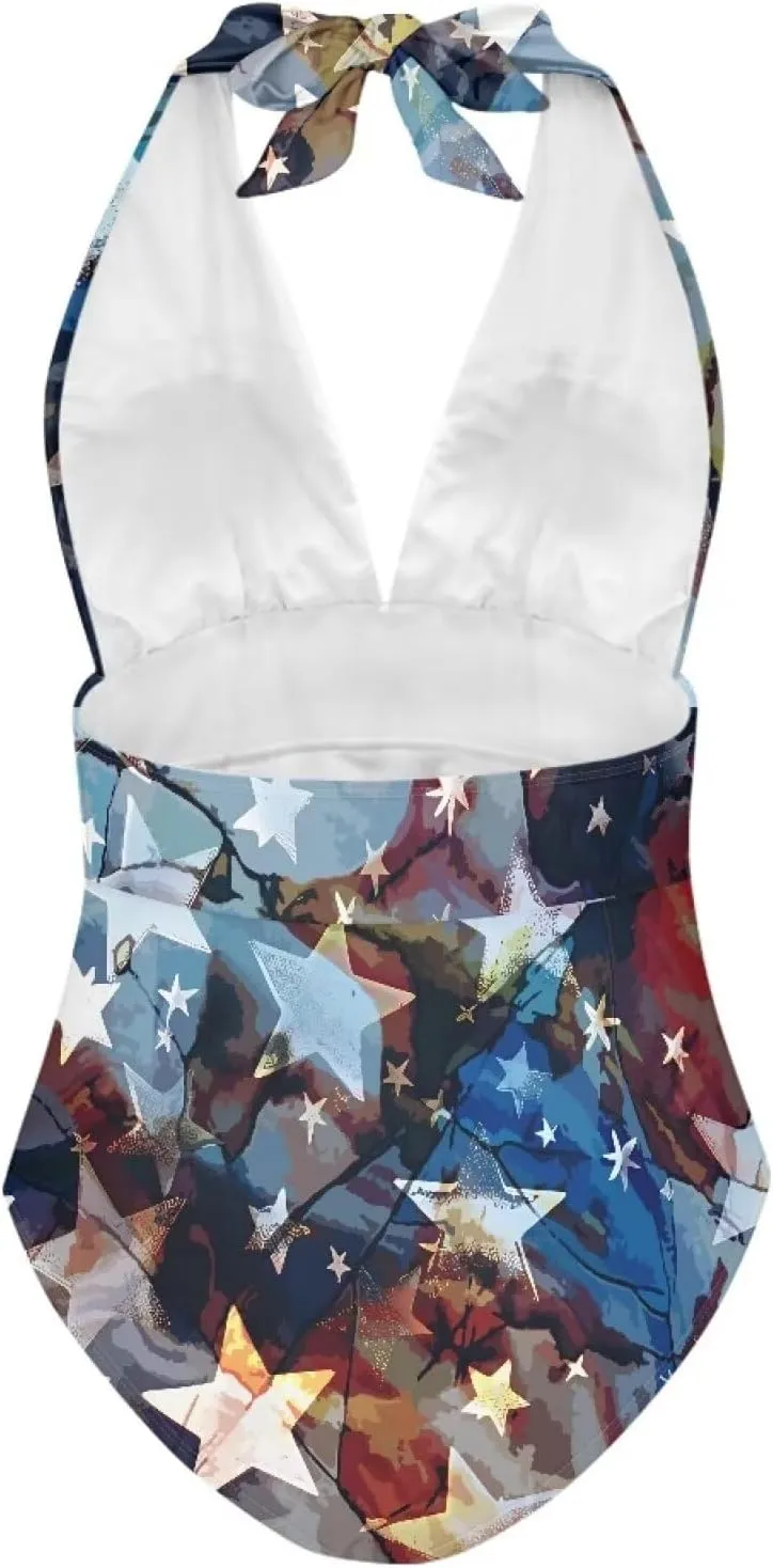 Women's One Piece Swimsuit V Neck Cross Back Swimwear Trendy Summer Beach Wear