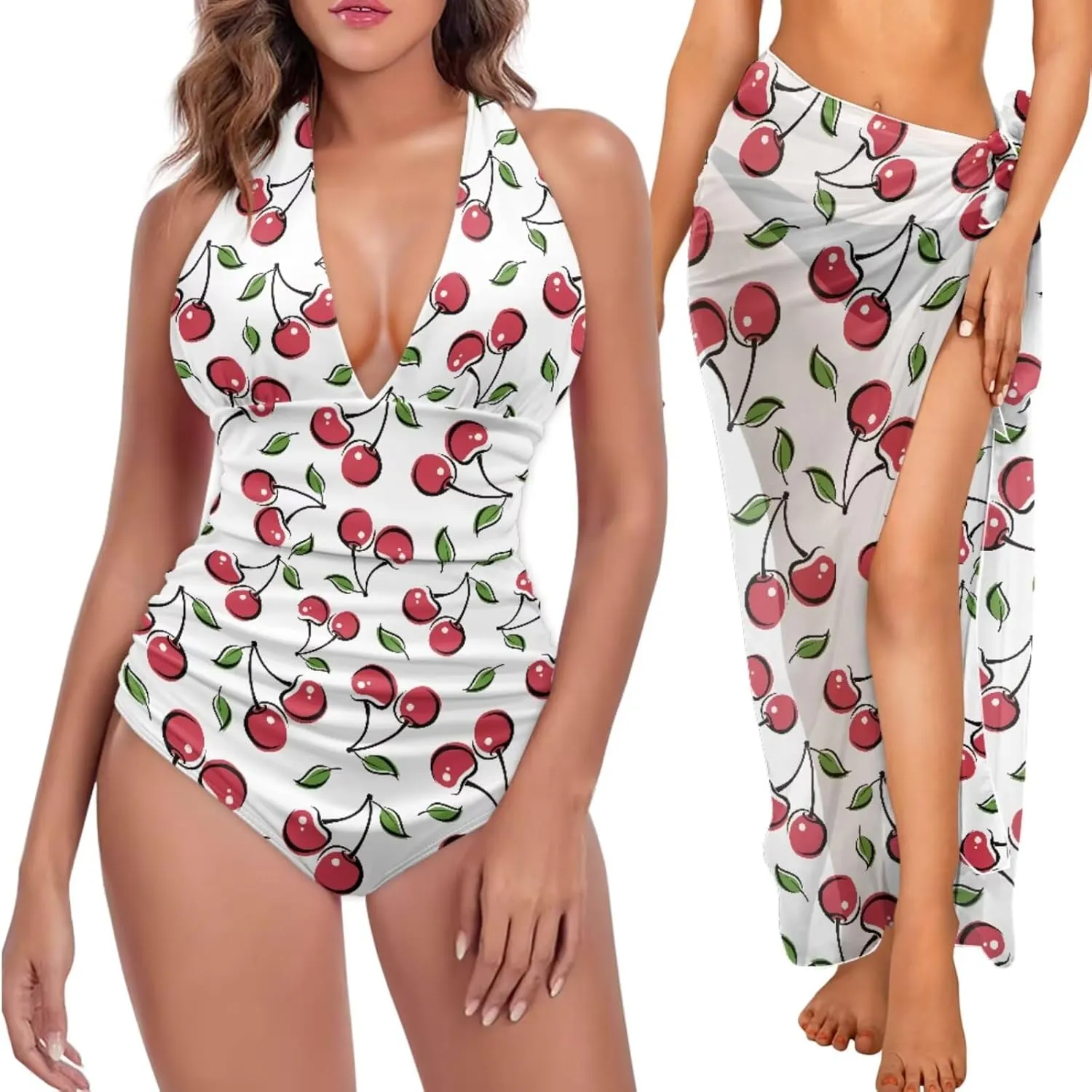 Women's One Piece Swimsuit with Matching Cover Up Sets Sexy Cute Tummy Control High Waisted Halter Bathing Suit
