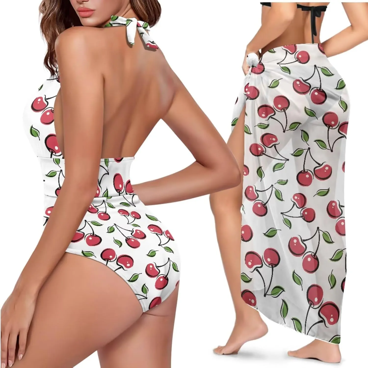Women's One Piece Swimsuit with Matching Cover Up Sets Sexy Cute Tummy Control High Waisted Halter Bathing Suit