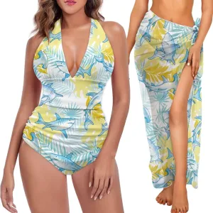 Women's One Piece Swimsuit with Matching Cover Up Sets Tummy Control Bathing Suit with Long Bikini Wrap Skirt