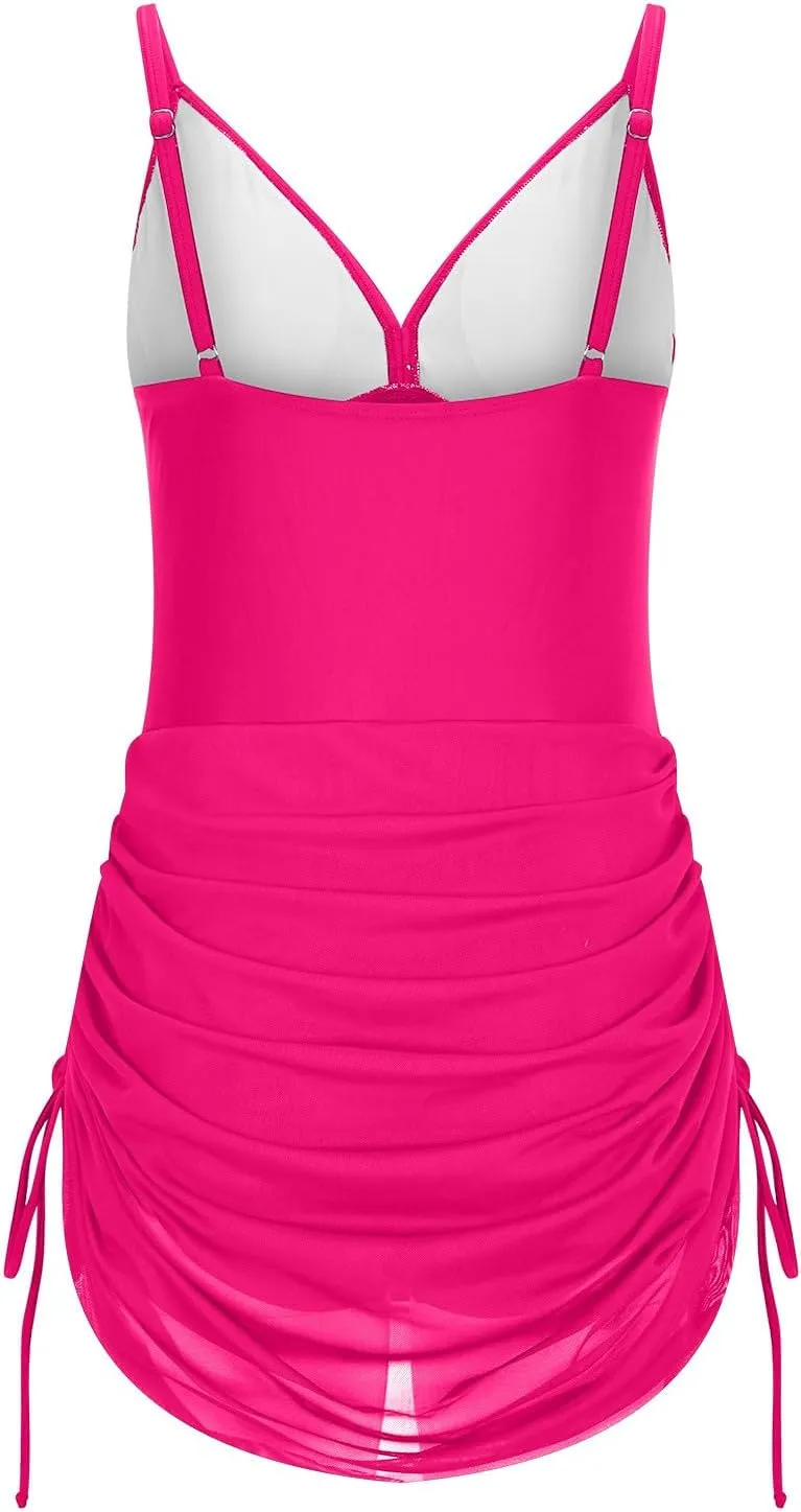 Women's One Piece Swimsuits 2025 Tummy Control Bathing Suits Modest Twist Front Swim Dress Slimming Mesh Swimwear